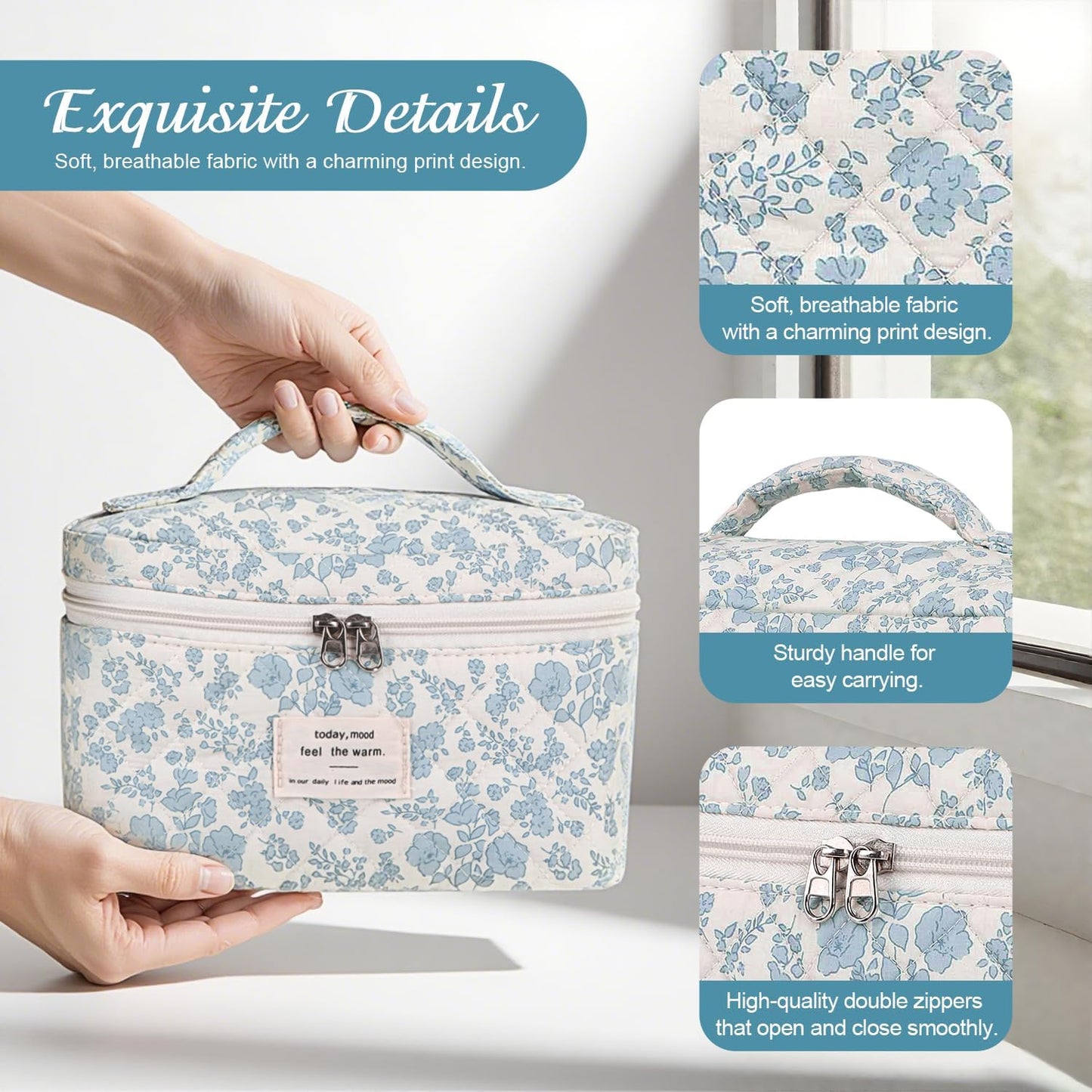 Large Makeup Bag, Cute Cosmetic Bag for Women Girls Floral Coquette Aesthetic Toiletry Bag Travel Make Up Organizer Bag (Blue)