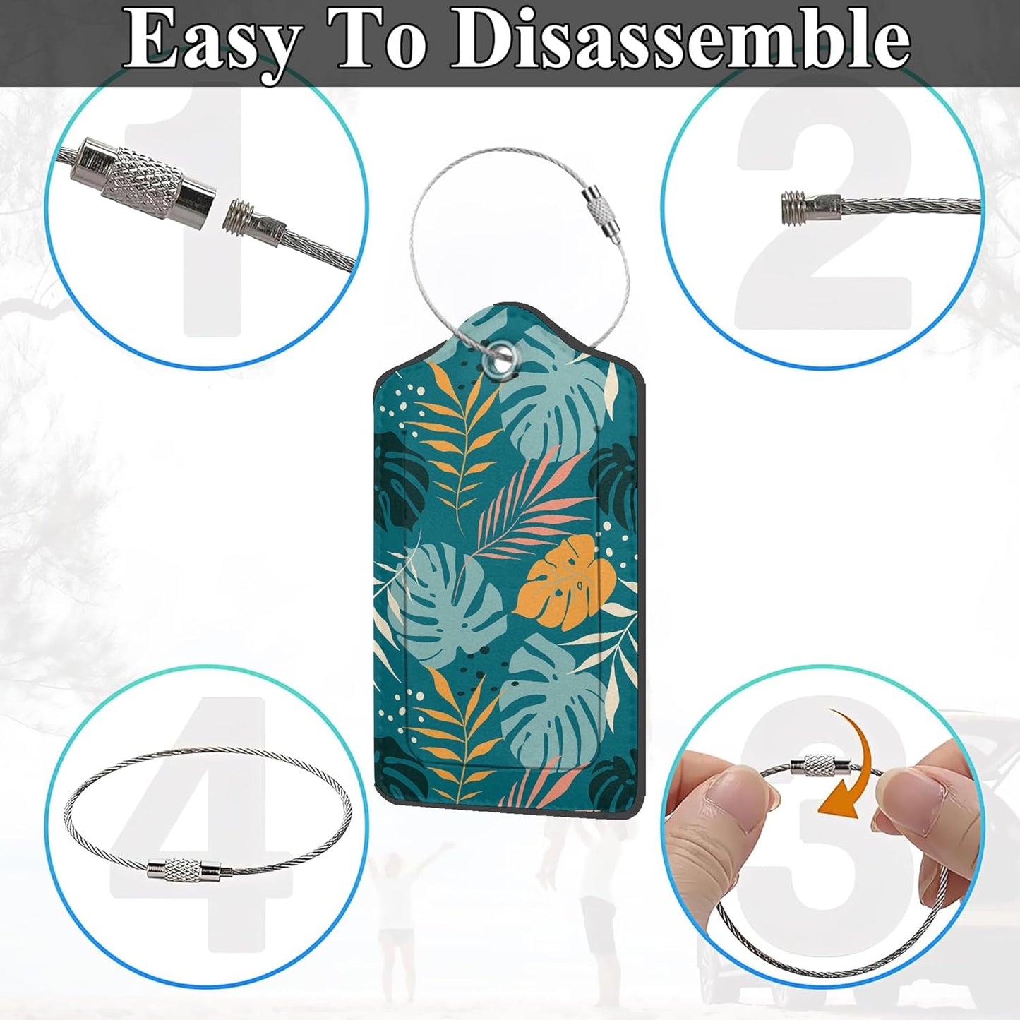 Boho Foliage Botanical Tropical Palm Leaves and Floral 2 Pack PU Leather Luggage Tags with Stainless Steel Loop, Travel Labels with Privacy Cover ID Label for Quick Spotting