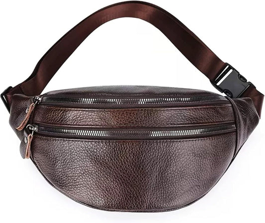 Genuine Leather Waist Bag, Outdoor Travel Waist Pack, Cowhide Leather Fanny Pack with Adjustable Strap, Suitable for Travelling, Outdoor Hiking, Cycling, Running - Brown & Large