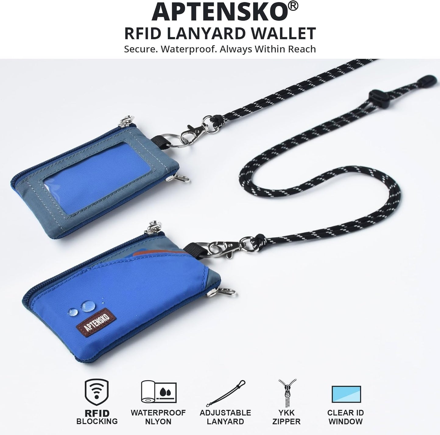 RFID Travel Wallet with Adjustable Lanyard-Zipper Small Wallet with ID Card Holder, Keychain for