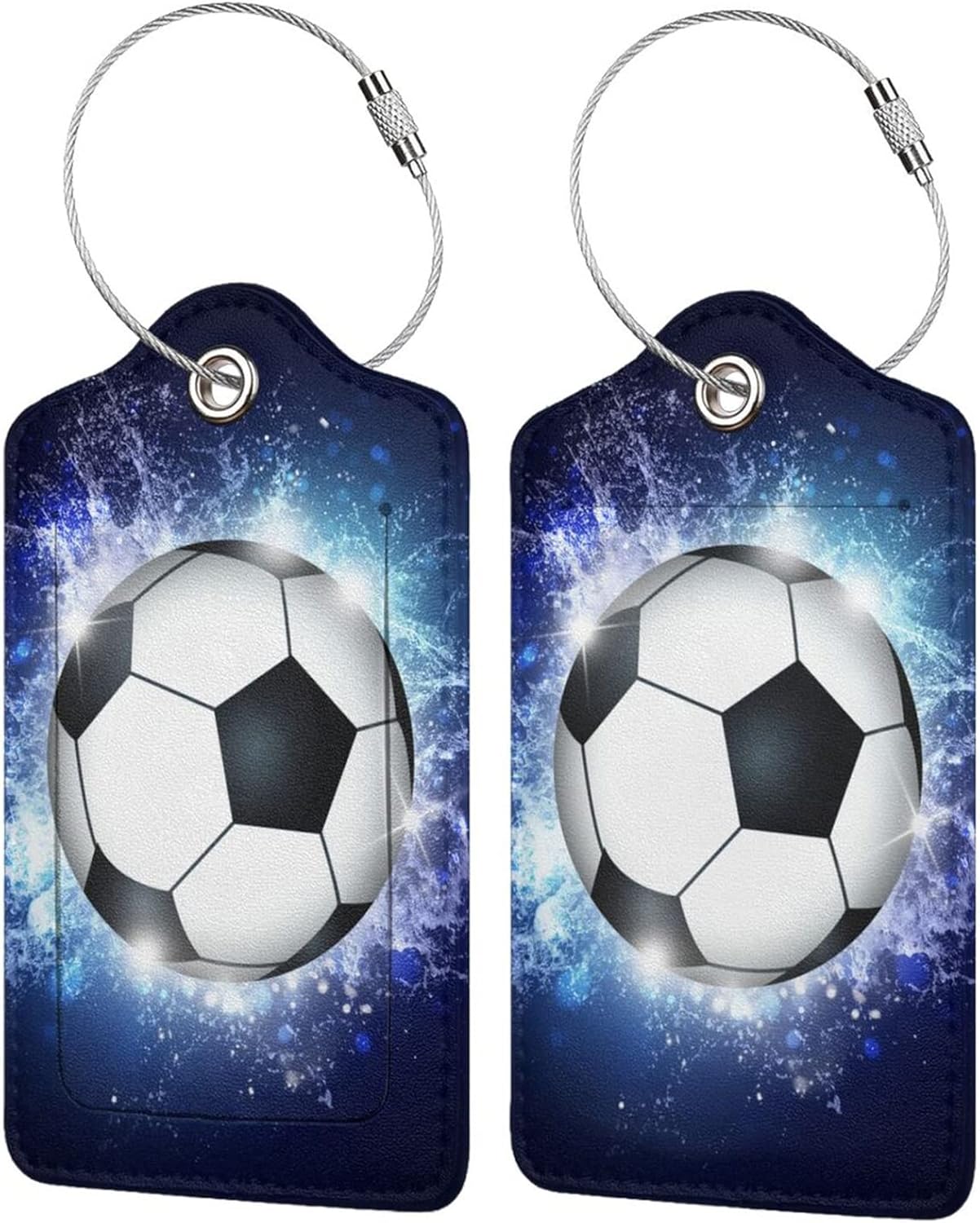 2 Pcs Kids Adults Soccer Luggage Tags for Suitcases for Sport Boys Men Women Girls, Leather Bag Labels Baggage Tag for Travel Business with Stainless Steel Loop & Name ID Privacy Cover
