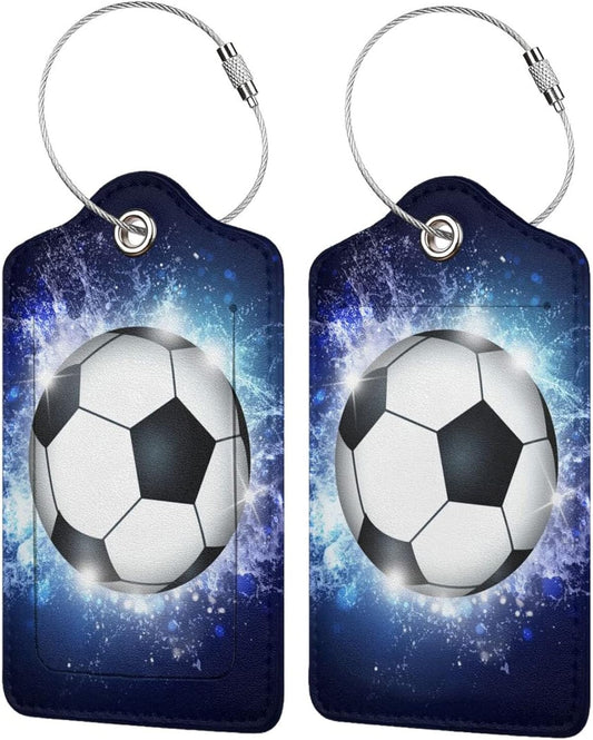2 Pcs Kids Adults Soccer Luggage Tags for Suitcases for Sport Boys Men Women Girls, Leather Bag Labels Baggage Tag for Travel Business with Stainless Steel Loop & Name ID Privacy Cover