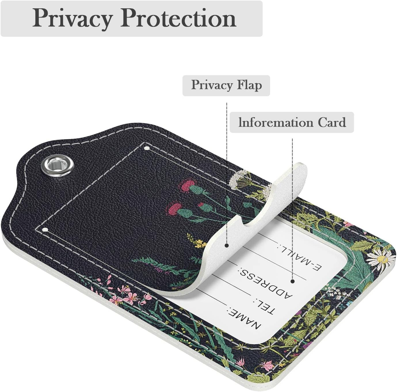 Luggage Tags for Suitcase, 2 Pack PU Leather Travel Cruise Luggage Tag with Privacy Flap, Name ID Label and Metal Loop for Women Men Suitcase Baggage Bag Backpack Instrument, Midnight Flowers