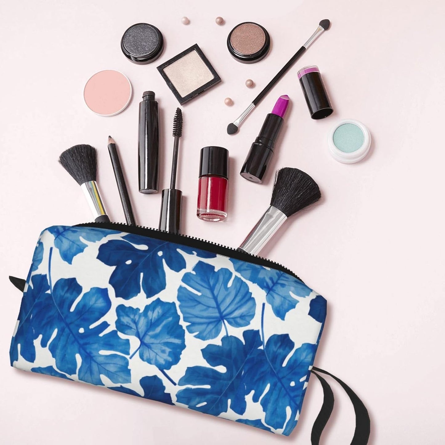 Blue Tropical Leaf Makeup Bag Small Compact Durable Travel Cosmetic Bag Organizer Oxford Fabric Multi-Purpose Storage Perfect for Travel, Gym, Daily Use