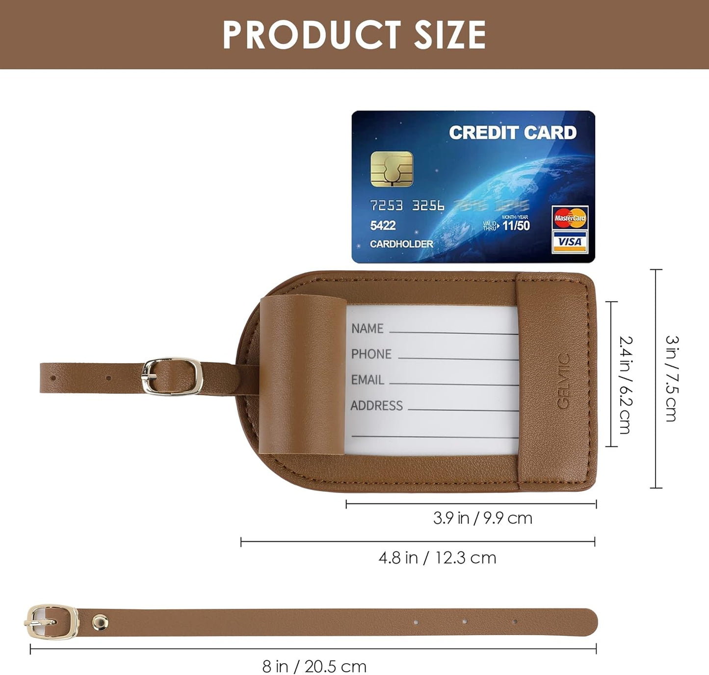 Faux Leather Luggage Tags for Suitcase Tag Set Privacy Protection with Identifie Name Lable ID Card Baggage tag for Men Women Travel Accessories, 2/4 Pack (LT07-Brown*4)