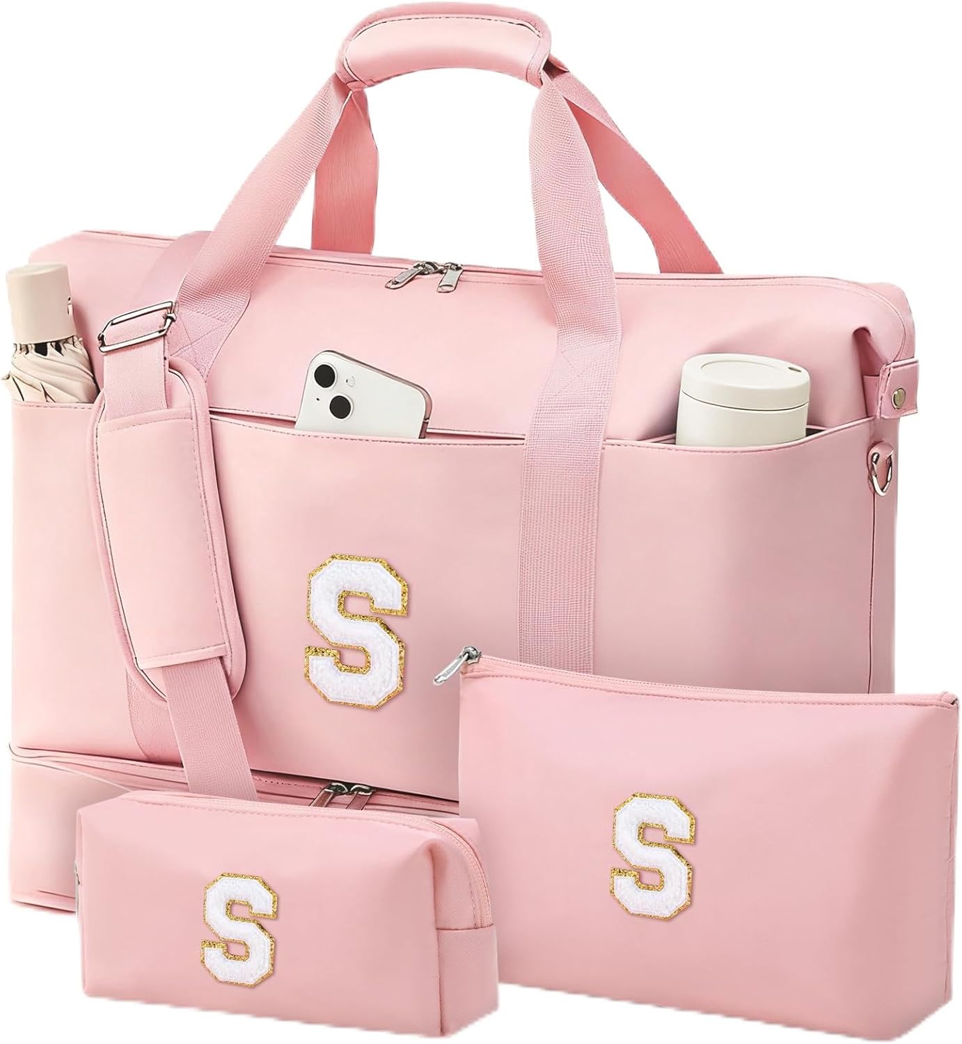Personalized Initial Travel Duffle Bag for Women, Dance Bags with Foldable Shoe Compartment, Carry-On Weekender Duffel, Gifts for Teenage Girls, Water Resistant, Pink Letter S