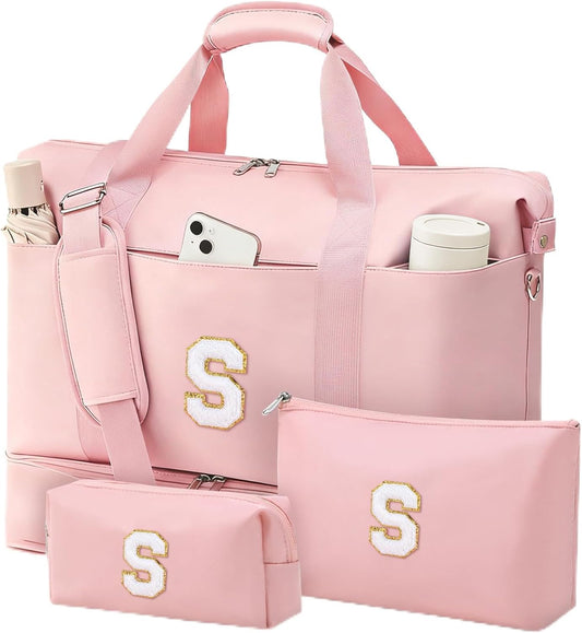 Personalized Initial Travel Duffle Bag for Women, Dance Bags with Foldable Shoe Compartment, Carry-On Weekender Duffel, Gifts for Teenage Girls, Water Resistant, Pink Letter S