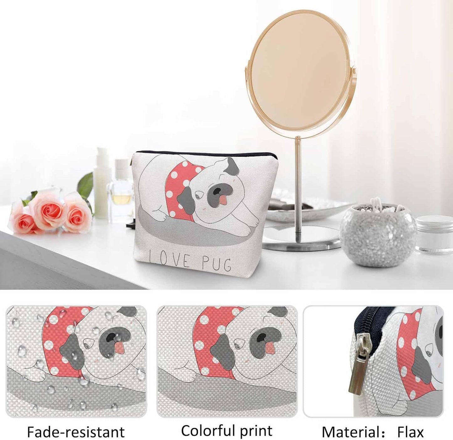 Makeup Bag For Purse Dog, Cute Pug Dog Love Pug Cosmetic Bags For Women With Zipper Travel Toiletry Pouch Makeup Bags Makeup Organizers Purse For Toiletries Cosmetics