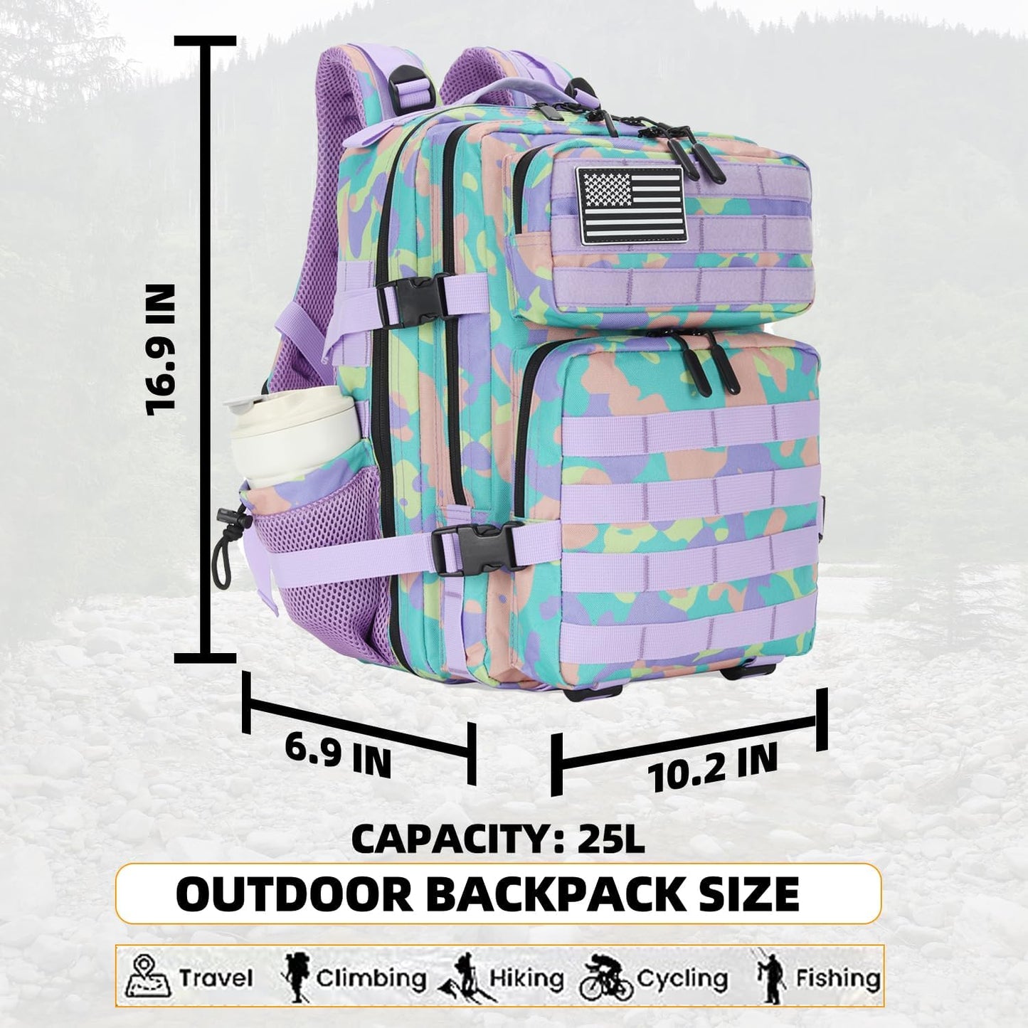 25L Tactical Military Backpack Small Travel Backpack for Men and Women Assault Pack Bug Out Bag Molle Daypack Gym Backpack with Bottle Holder (Color Camo)