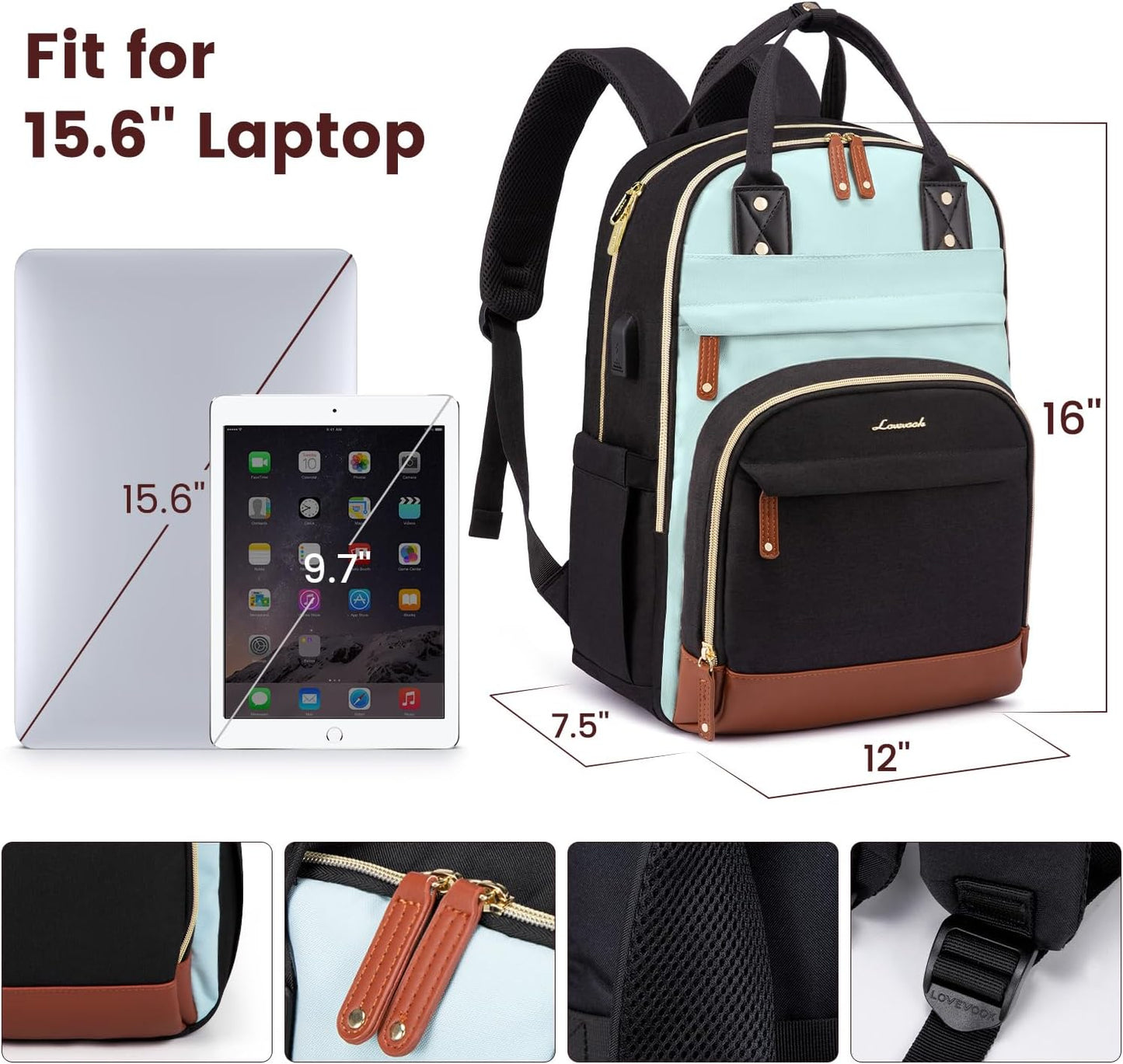 LOVEVOOK Backpack for Women,Laptop Backpack Women,Fits 15.6 Inch Laptop Bag,Fashion Travel Work Anti-theft Bag,Waterproof Business Computer College Teacher Backpack Purse Daypack, Black-Light Blue