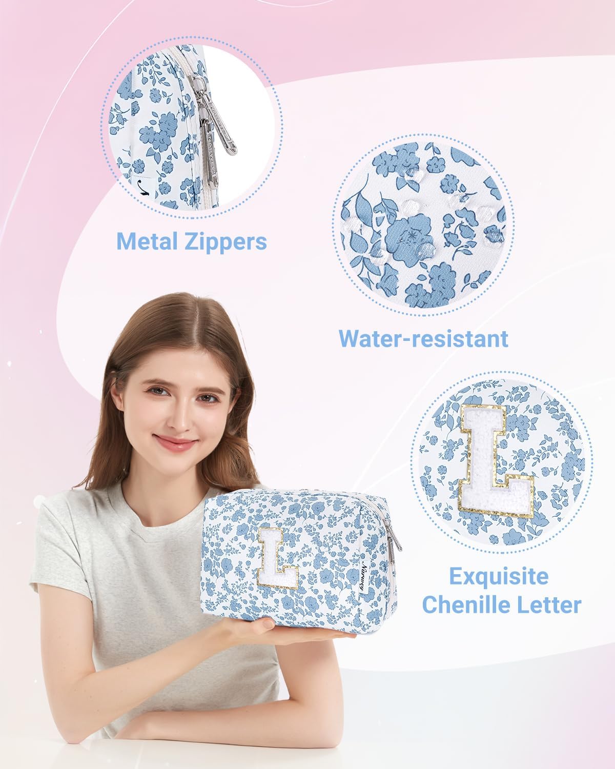 Narwey Birthday Gifts for Teen Girls Kids Women Personalized Initial Floral Makeup Bag Cute Cosmetic Trendy Stuff 6 8 10 11 12 13 14 16 18 Years Old Travel Toiletry Bag (Little Blue Flower L)