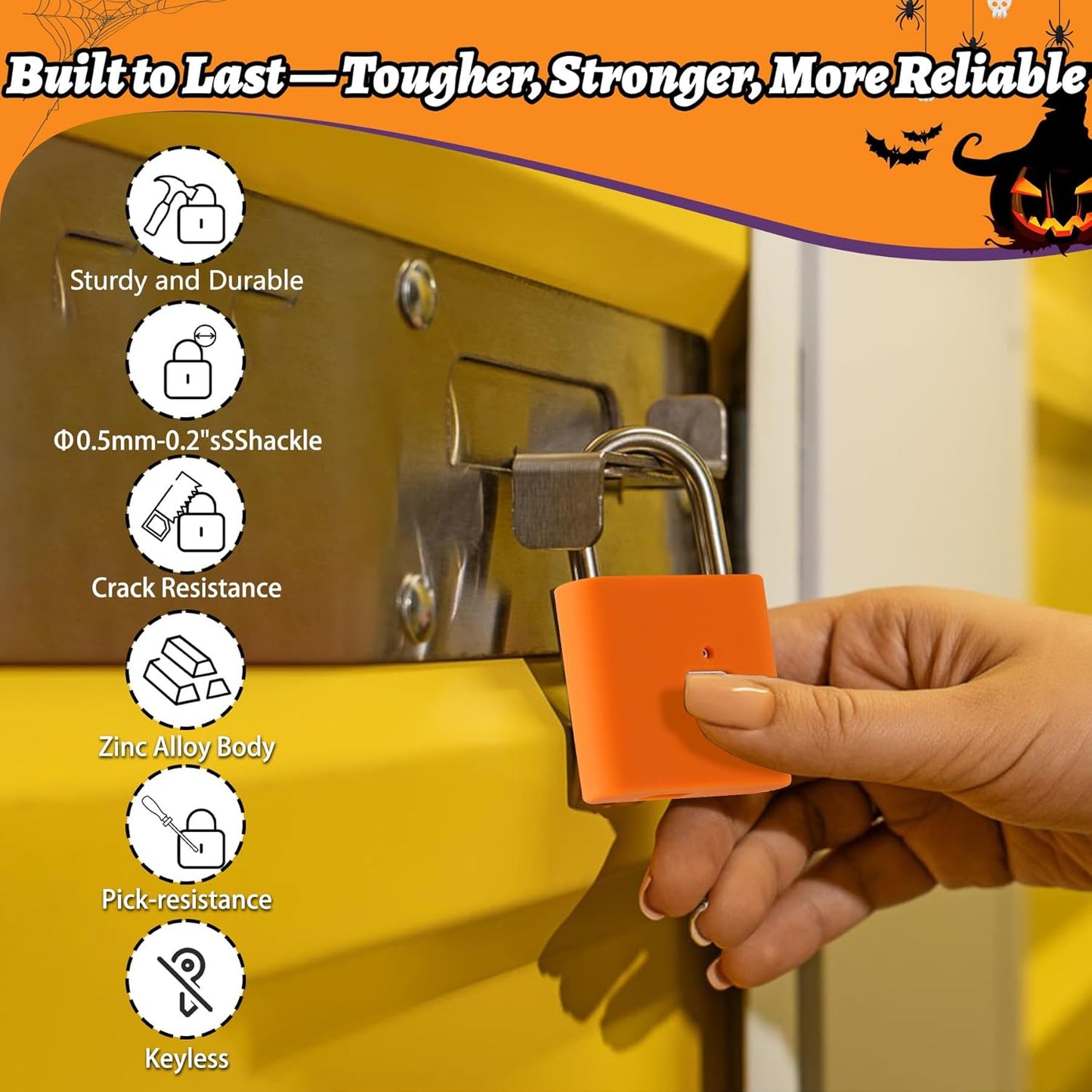 UMIKSMART Padlock, Keyless Fingerprint Padlock with USB Charging, Gym Lockers, School Lockers, Luggage, Storage Boxes, Cabinets, Backpack, Halloween Gifts (Pumpkin Glow Orange)