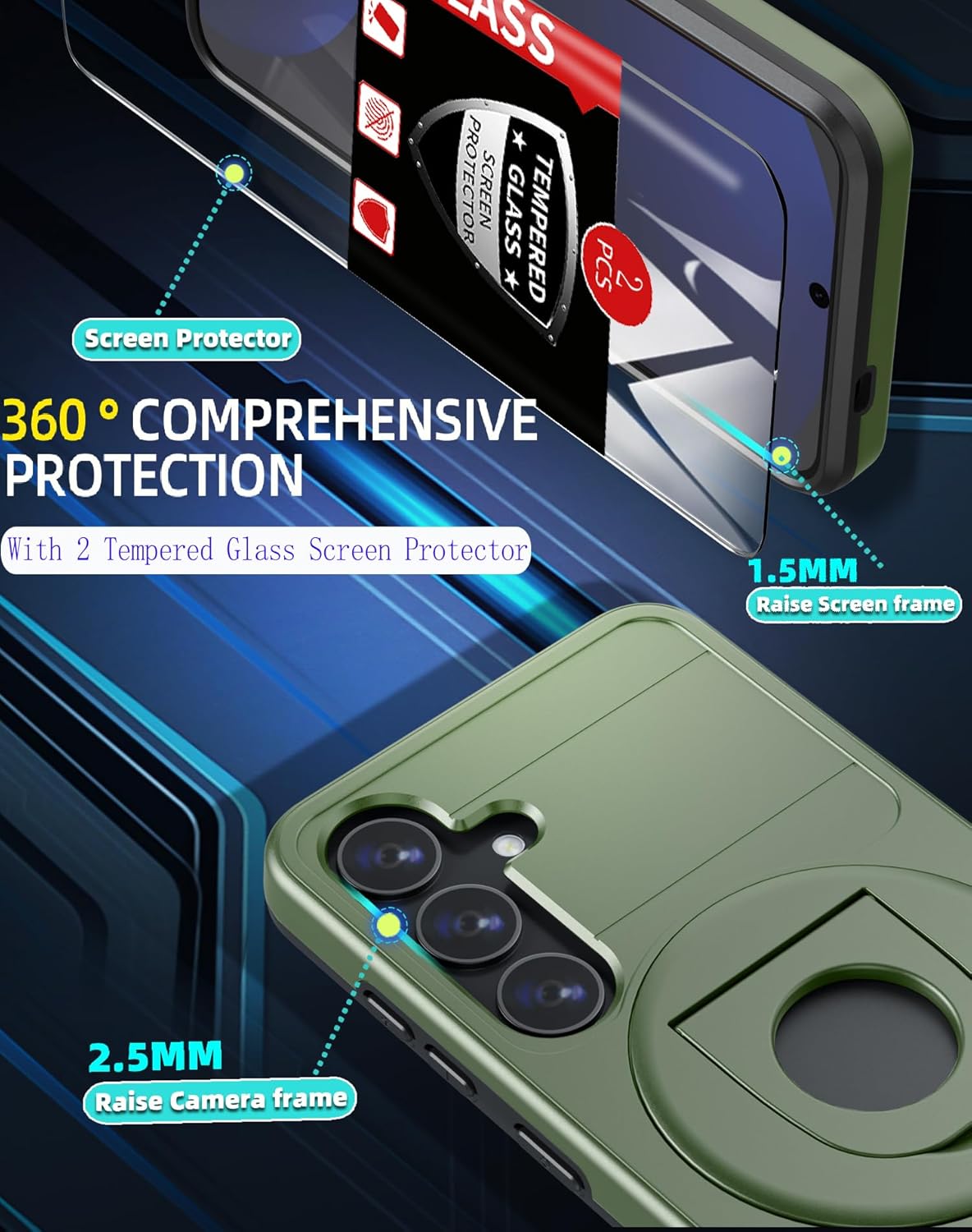 for Samsung Galaxy S24 FE Case Magnetic Compatible with MagSafe Wireless Charging,with 2 Screen Protectors,for S24 FE Case with Stand Ring Anti-Scratch Shockproof Heavy Duty Protection Green