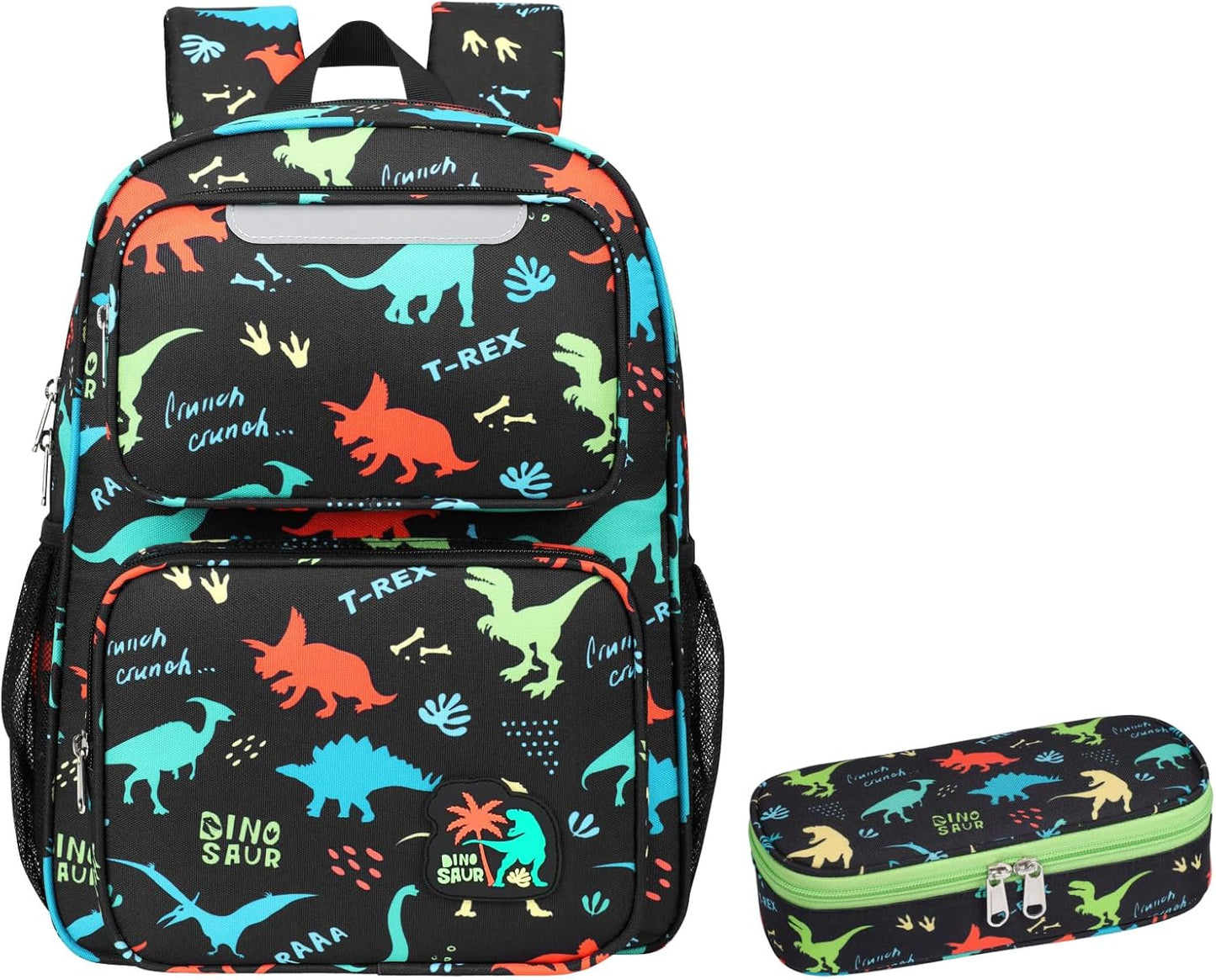Kids Backpack with Pencil Case - 15 Inch Backpack for Boys 3 to 8, Lightweight Bookbag for Preschool Kindergarten Elementary School, Insulated Pocket, Safe Reflective Stripe, Black Dinosaur