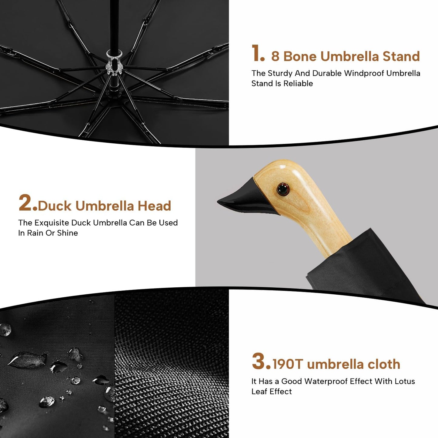 LEAGERA Compact Small Umbrellas for Rain&Sun, Cute Design Duck Head Umbrella for Girls Gifts, 8 Ribs Folding Umbrella with Wooden Handle