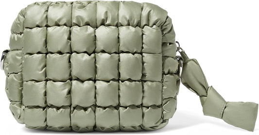 Yarnic Quilted Makeup Bag Cosmetic Bag, Small Puffer Makeup Pouch Soft Puffered Make up Pocket Travel Toiletry Bag for Women, Cute Makeup Bag Organizer (S, Sage Green)