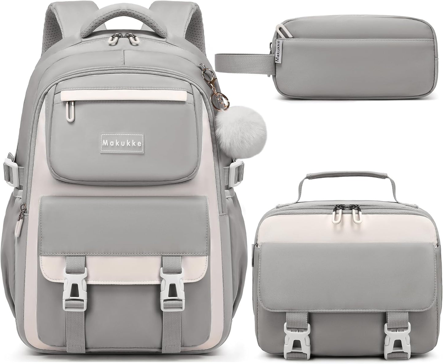 Makukke School Backpack for Girls Book Bag Set, School Bag for Teens Girls Kid Children Elementary Middle School Student, Waterproof Gray Backpack