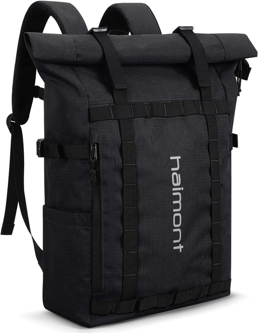 Haimont Rolltop Backpack for Men Women Water-Resistant Carry on Travel Backpack Casual Daypack with Laptop Compartment for Work Trip Hiking, 20L, Black