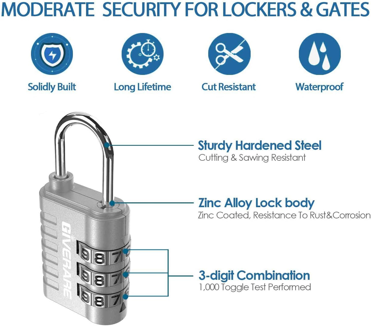 GIVERARE 8 Pack Combination Lock, 3-Digit Padlock Keyless, Resettable Luggage Locks for Backpack, Gym & School & Employee Locker, Weatherproof Travel Lock for Fence, Backyard Gate, Hasp, Case-Silver