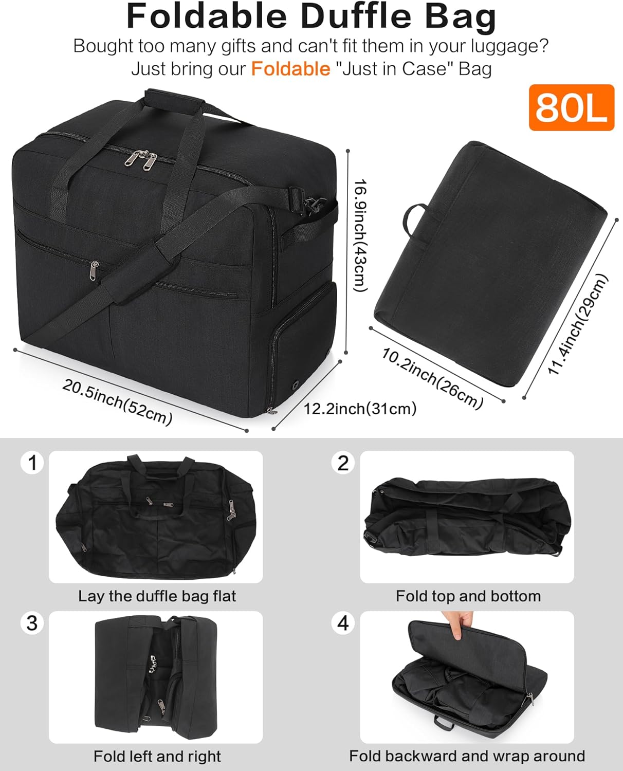 80L Foldable Large Travel Duffle Bag for Men and Women, Packable Duffel Bags with Shoe Compartment, Water Repellent & Tear Resistant (Black)