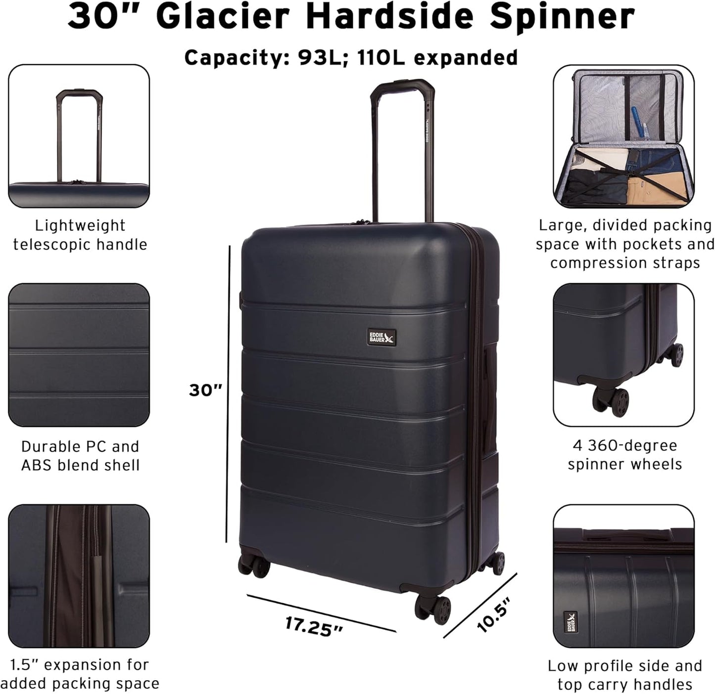 Eddie Bauer Glacier Hardside Spinner Durable PC/ABS Construction 2-Piece Set Suitcase Luggage