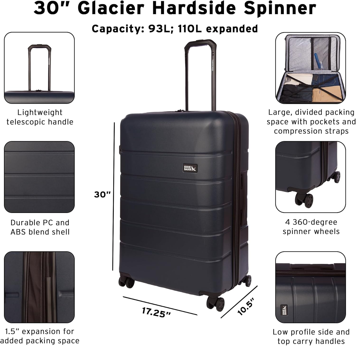 Eddie Bauer Glacier Hardside Spinner Durable PC/ABS Construction 2-Piece Set Suitcase Luggage