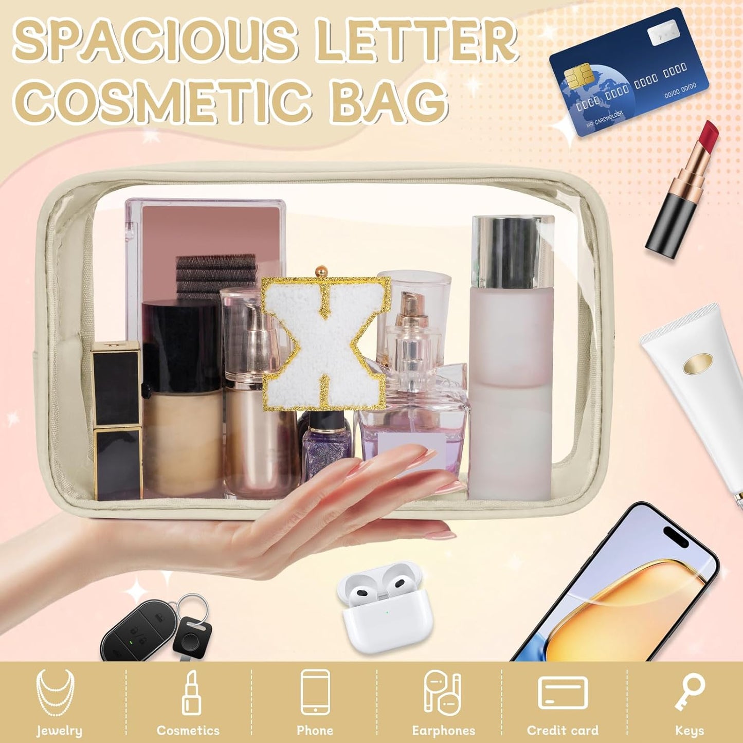 Personalized Initial Clear Makeup Bag, Travel Chenille Patch Cosmetic Bag, Preppy Toiletry Bag Monogram Cosmetic Pouch with Zipper, Ideal Gift for Teen Girls Women (Clear-Beige, X)