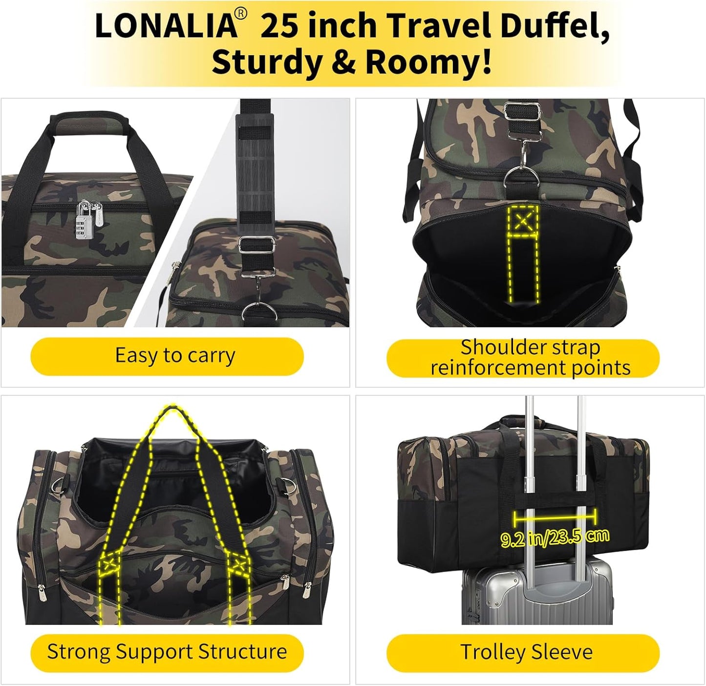 25 in Large Travel Duffel Bag for Men - 56L Roomy Weekender Bag with Trolley Sleeve (Camo)