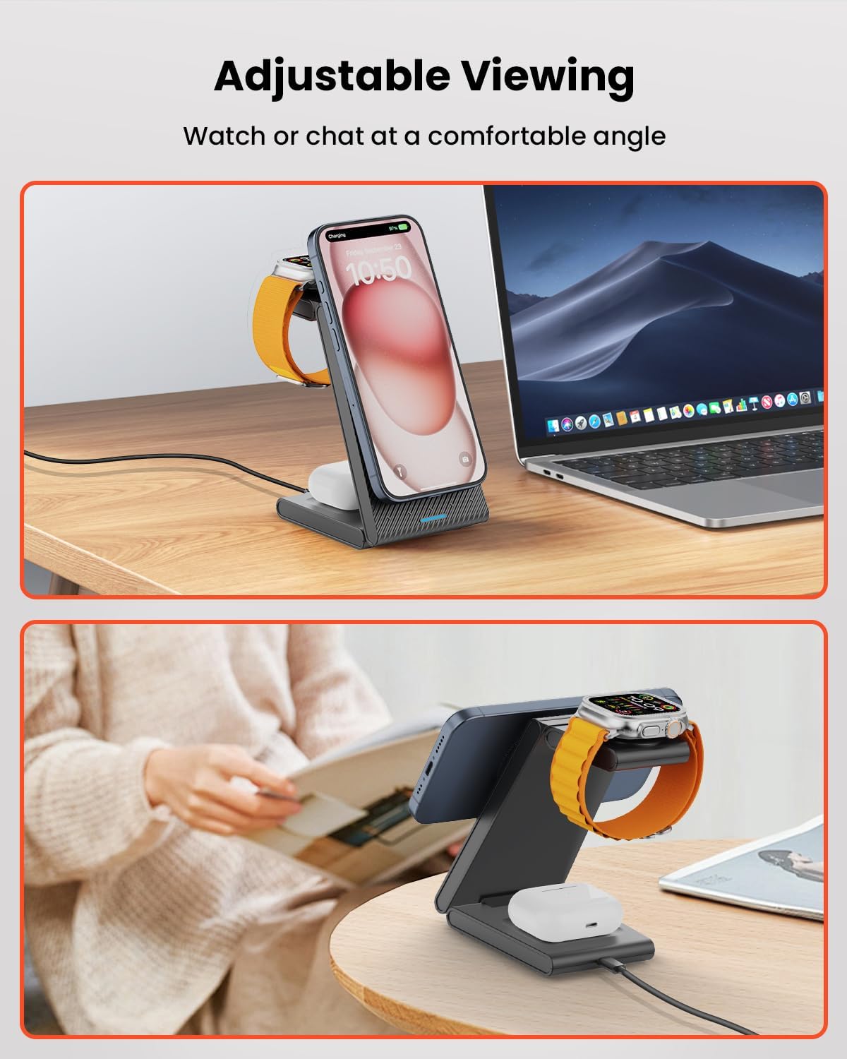 GEEKERA 3 in 1 Wireless Charging Station for Magsafe, Foldable Magnetic Wireless Charger Stand for Multiple Devices, Wireless Charger for iPhone 17 16-12 Series, Apple Watch 11-2, AirPods 4/3/2/Pro