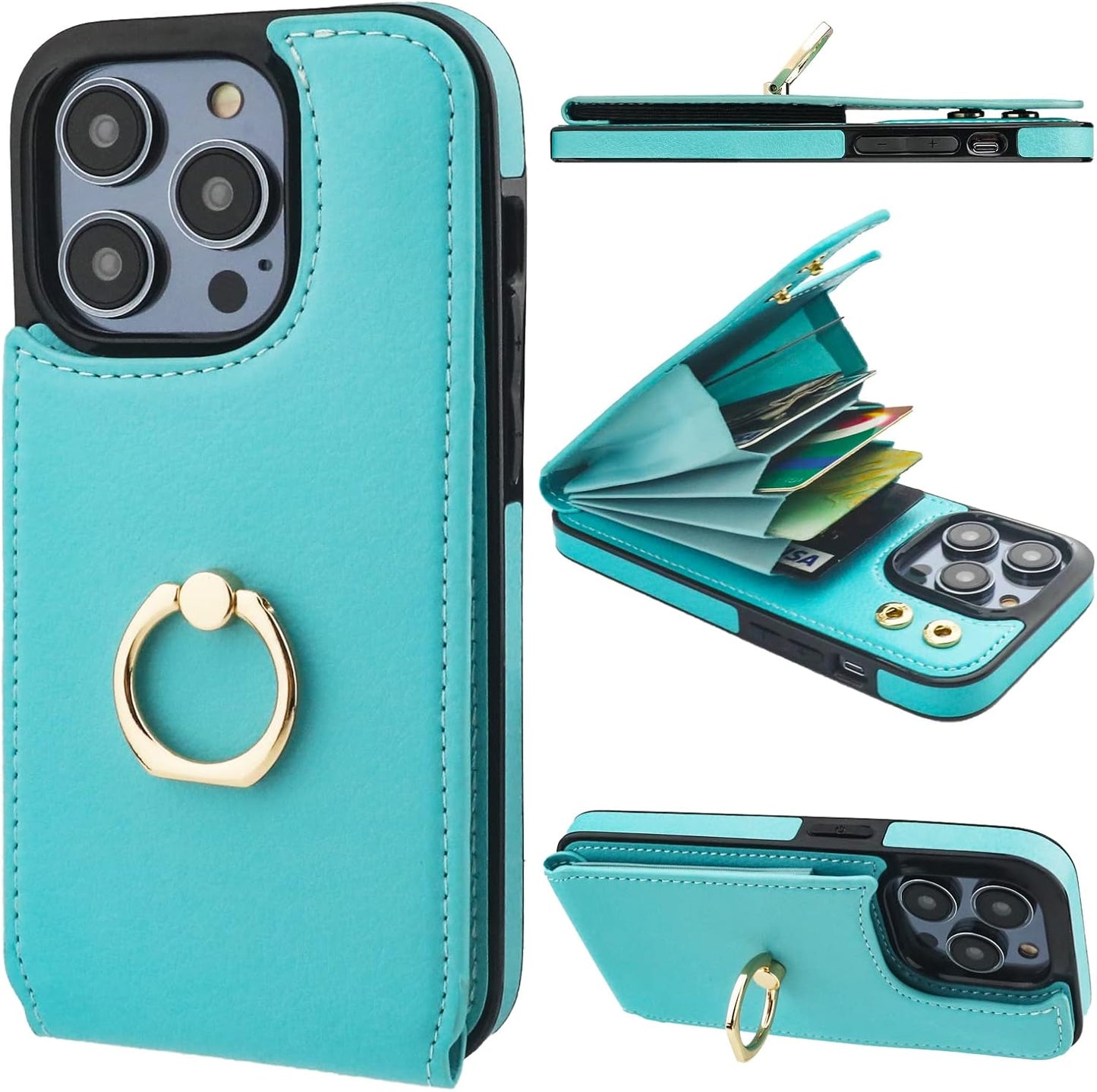 Folosu Compatible with iPhone 14 Pro Case Wallet with Card Holder, 360°Rotation Finger Ring Holder Kickstand, RFID Blocking Leather Protective Double Buttons Shockproof Cover 6.1 Inch Green
