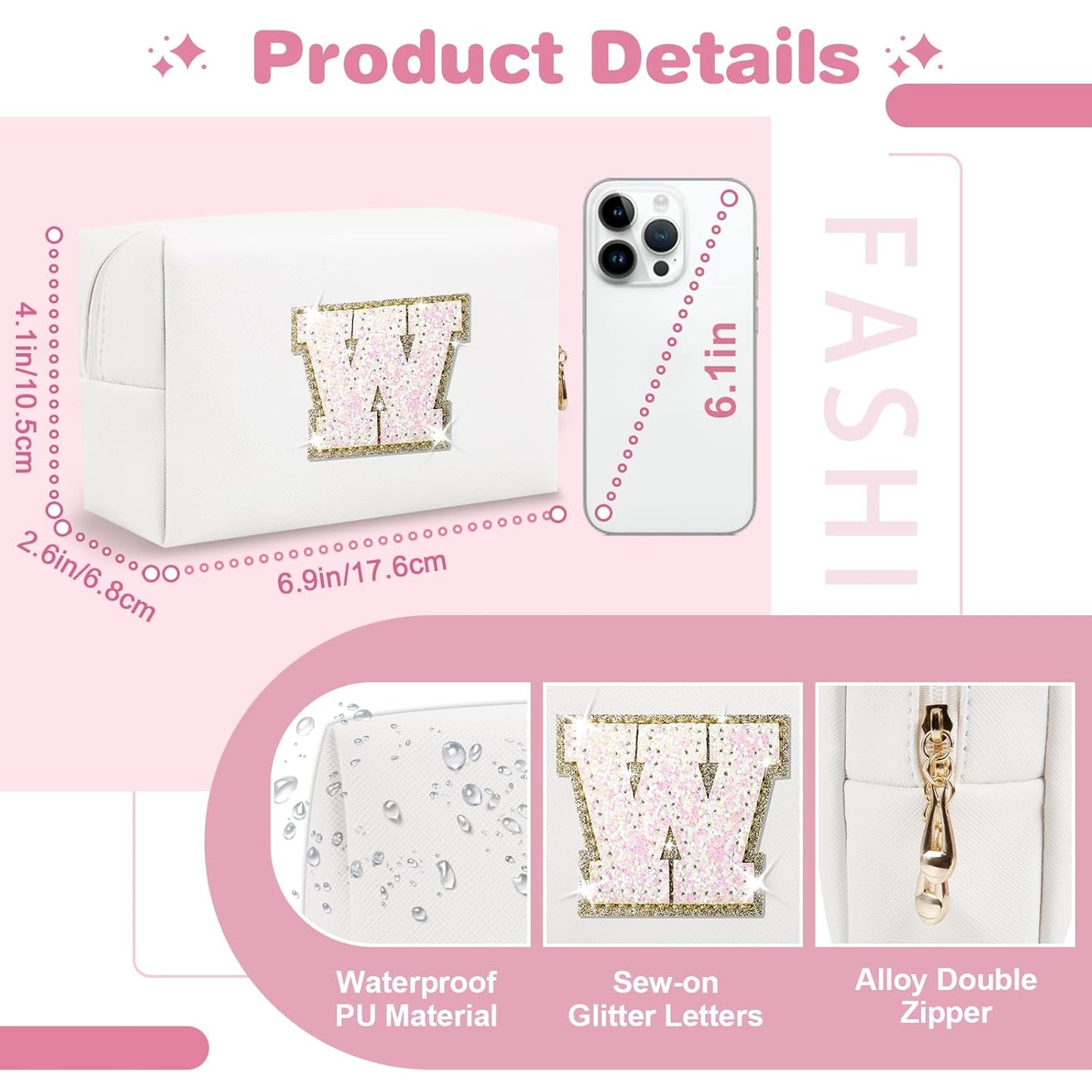 Small Initial Patch Makeup Bag Personalized Gifts Make Up Bag,White Cute PU Leather Glitter Letter Cosmetic Bag with Zipper,Trendy Portable Travel Toiletry Pouch,Preppy Stuff for Teen Girls Women W