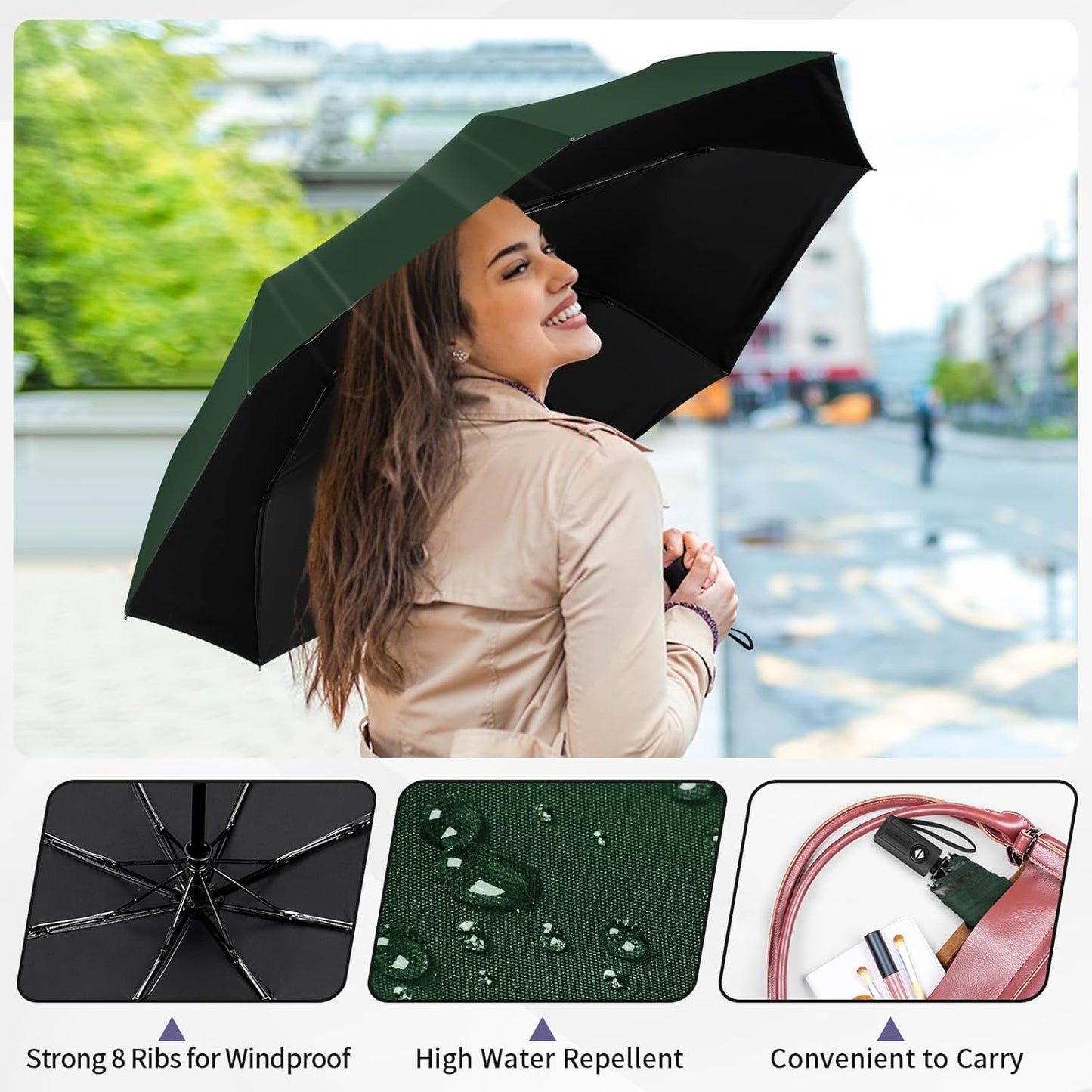 Yoobure Windproof Travel Umbrella - Automatic Umbrellas for Rain, Compact Folding Umbrella with UV Protection, Lightweight Portable Design for Backpack/Walking/Car, Sun & Storm Ready