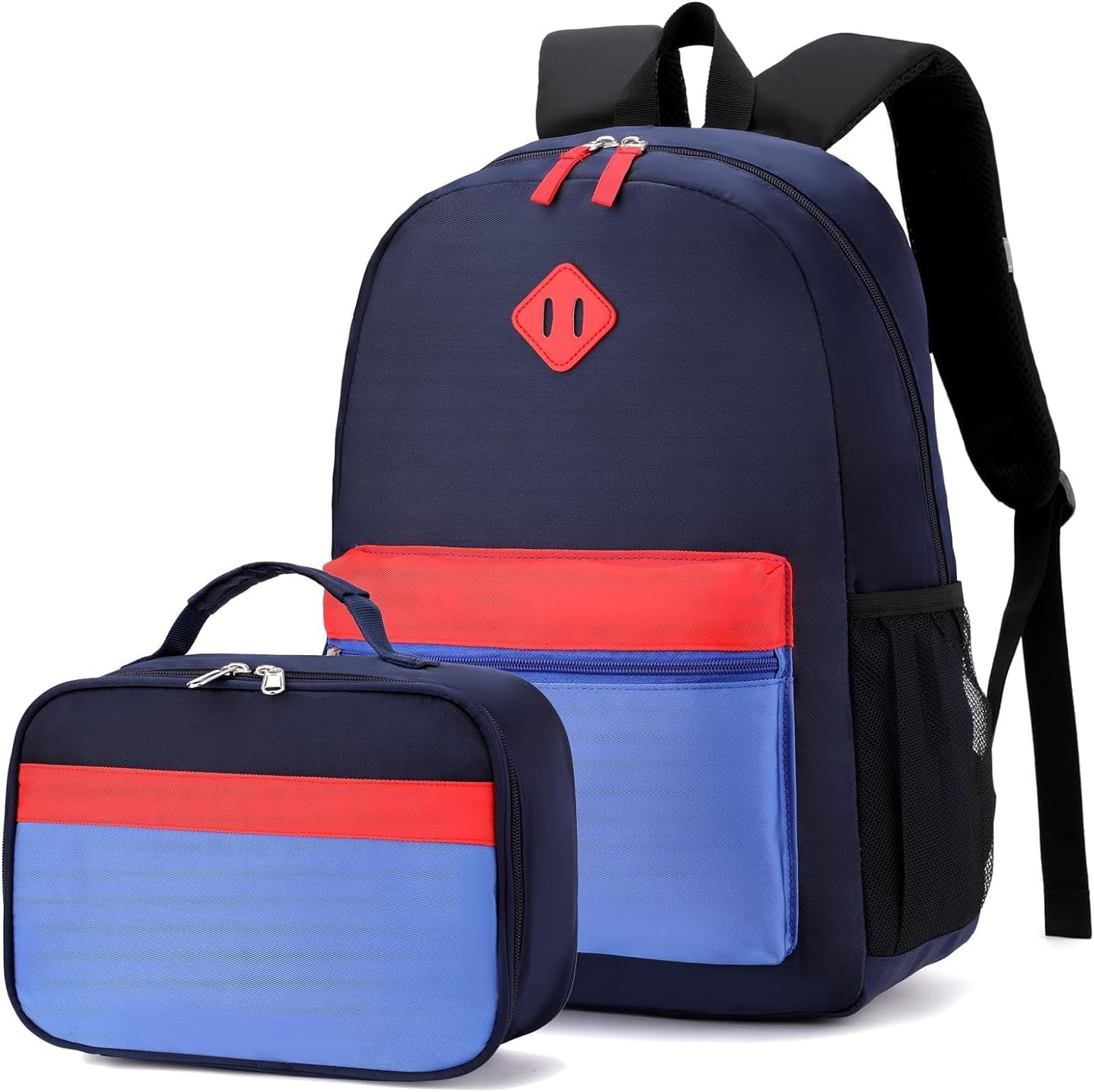 Kids Backpack Lunch Box Set Kindergarten School Backpacks 3-6 Years for Boys and Girls with Chest Buckle (Set Navy Blue, Medium-15 H)