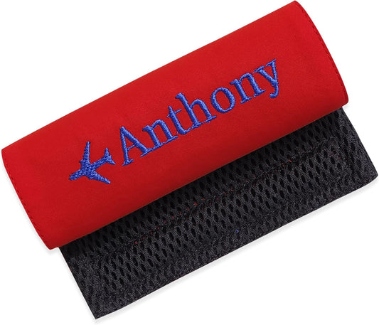 Personalized Luggage Handle Wrap Finder | Custom Embroidered Icon Monograms or Short Text ID Tag | Cover Identifier Marker for Suitcase or Bag | Grips Accessories for Travel by ACORD EU (Red)