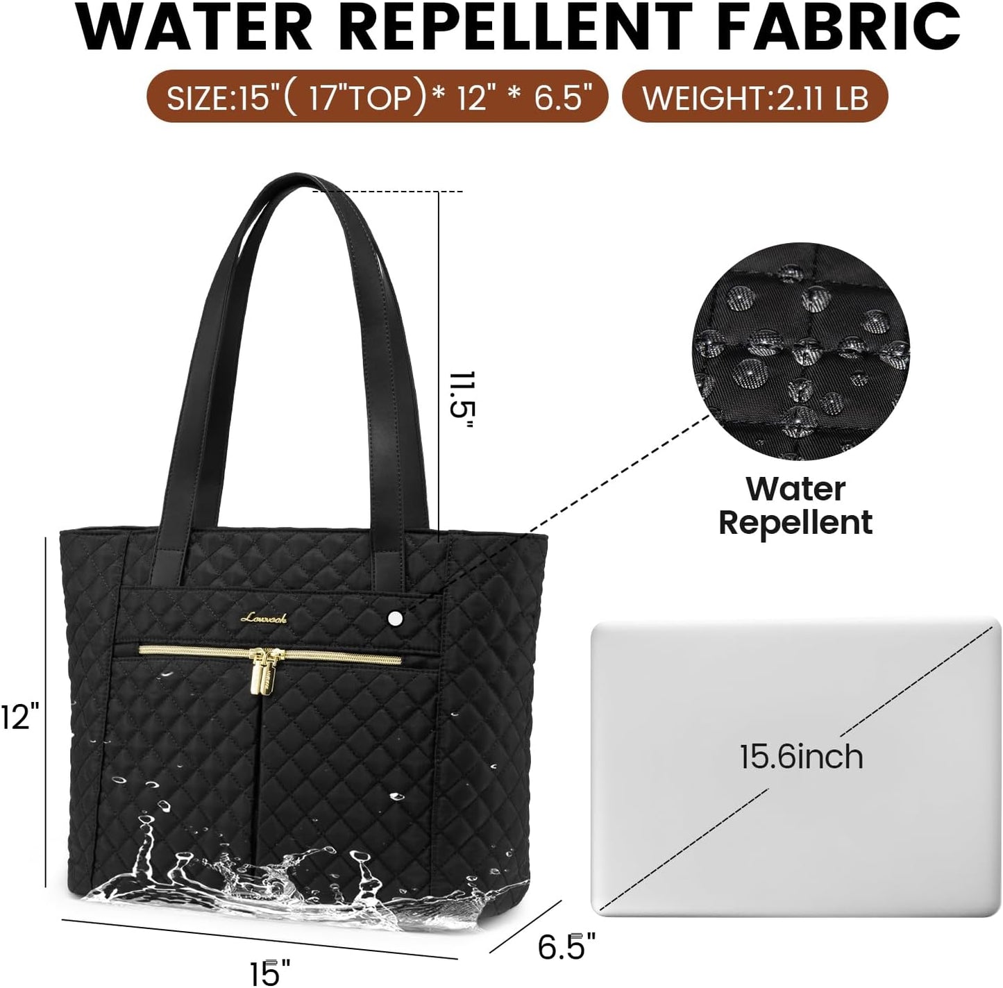 LOVEVOOK Laptop Bag for Women 15.6 inch,Diamond Quilted Work Tote Bags Womens Laptop Tote Computer Shoulder Bags,Stylish Travel Tote Bags Laptop Purse Case Briefcase Handbag with Clutch Bag,Black