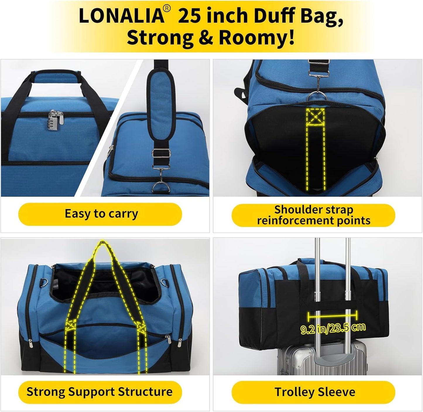 25 in Large Travel Duffel Bag for Men - 56L Roomy Weekender Bag for Gym with Trolley Sleeve (Blue)