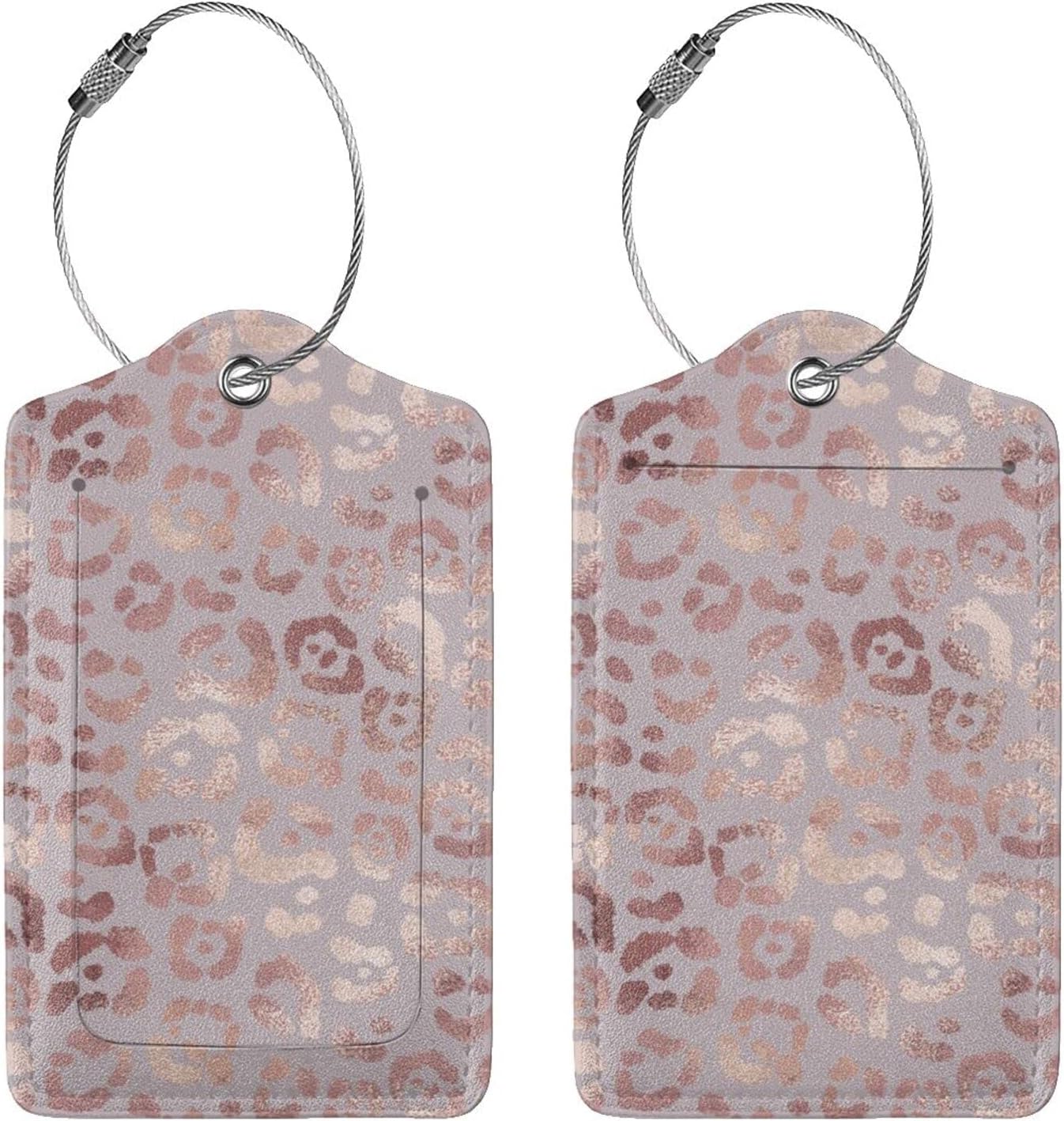 Gold Leopard Print Luggage Tags Set of 2 Leather Stainless Steel Loop Label Tag for Travel Bag Suitcase