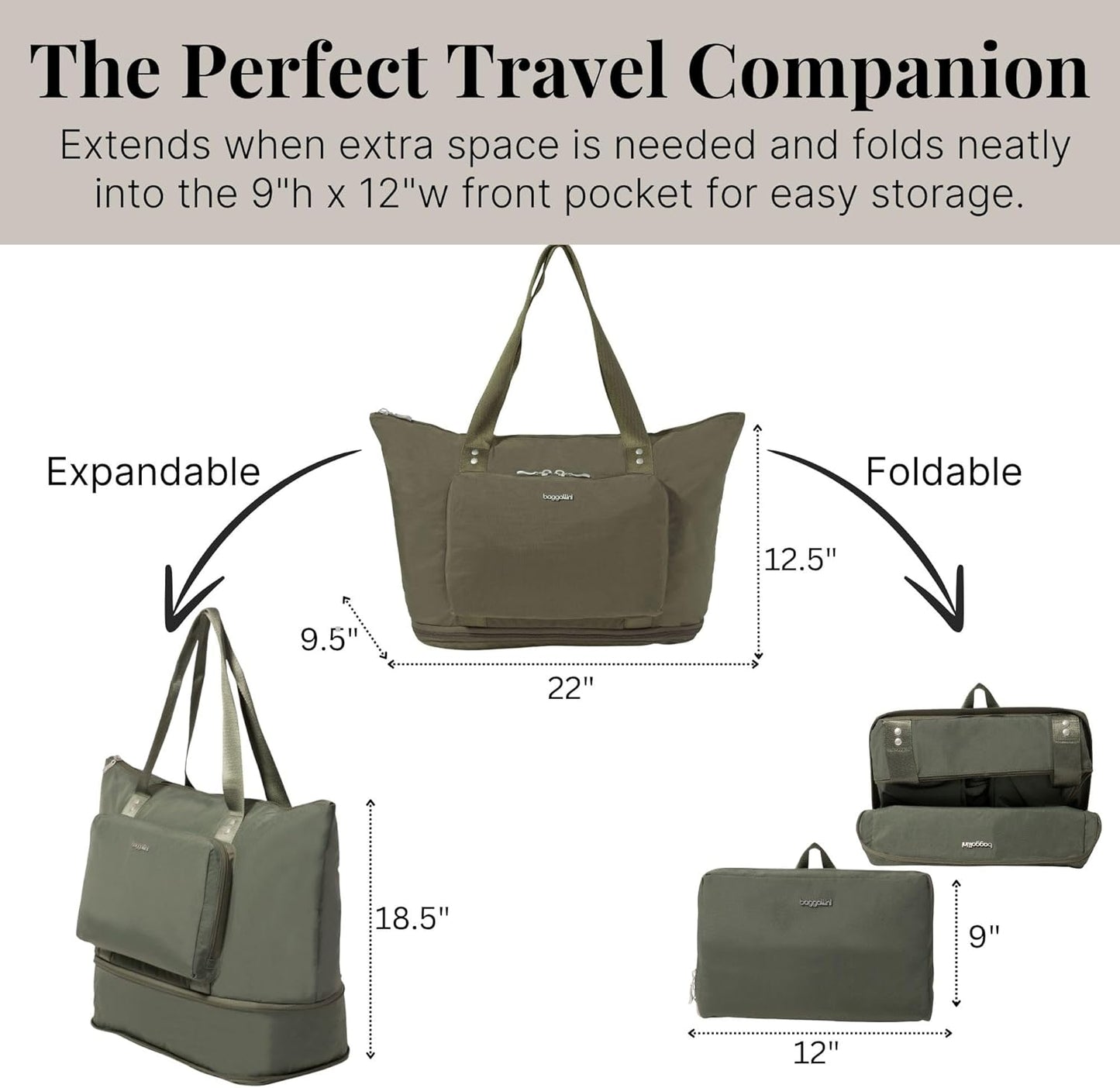 Baggallini Carryall Expandable Lightweight Travel Tote 22" Packable Folding Compact Nylon Washable Weekender w/Luggage Sleeve