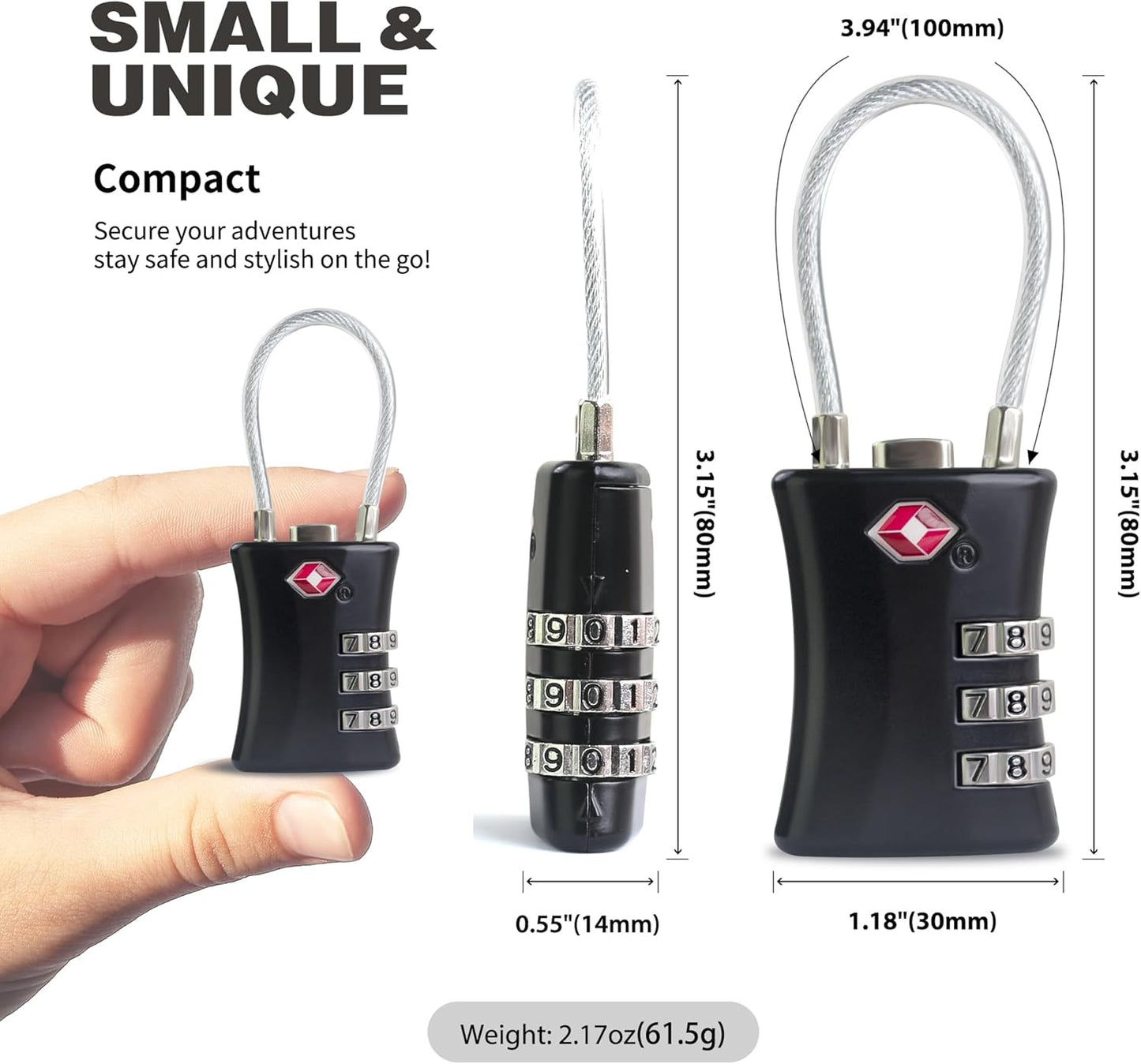 TSA Locks for Luggage, Small Combination Padlock, Luggage Locks TSA Approved, Padlock Combination with Cable, for Suitcase, Gym Locker, Gun Case, Ammo Can, Backpack Zipper (Black+Black)