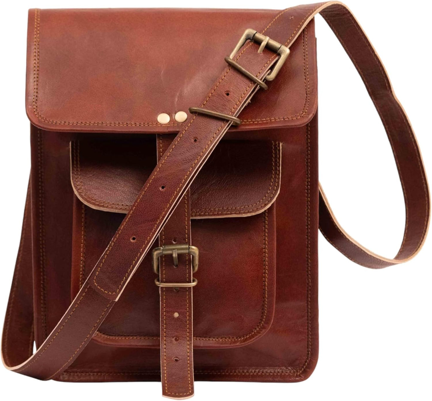 11" Brown Small Leather Messenger Bag Shoulder Bag Cross Body Vintage Messenger Bag For Women & Men Satchel Man Purse Compatible With Ipad & Tablet