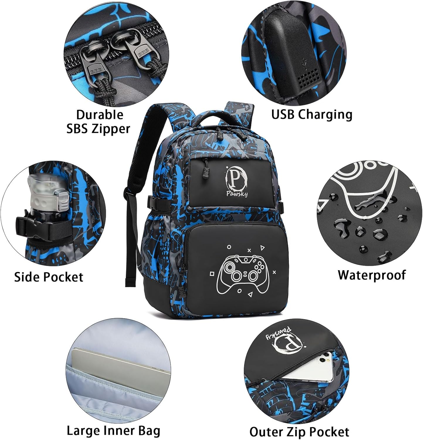 Anime Luminous Backpack School Backpack with USB Charging Port for Teen Boys, College School Bookbag Lightweight Laptop Bag with Sling Bag Set, Blue