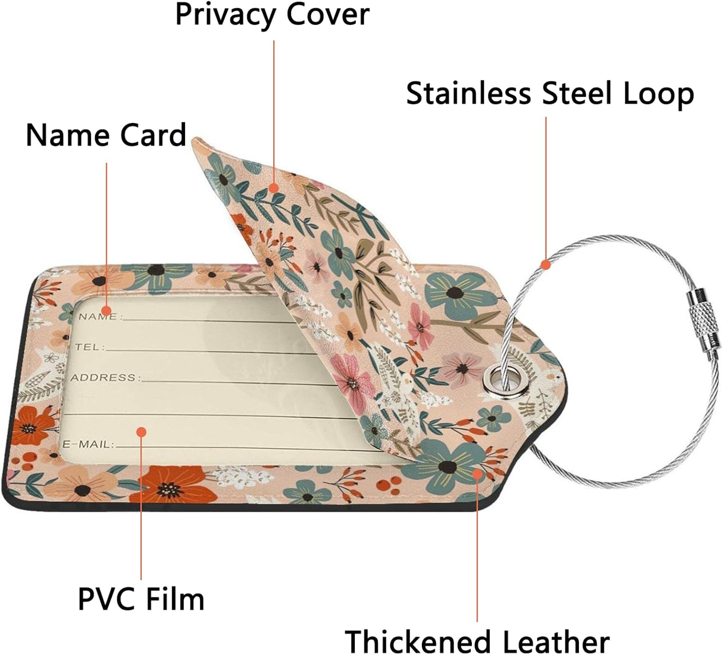 2 Pack Luggage Tags for Suitcase, Privacy Cover ID Label with Stainless Steel and Address Card for Travel Bag Backpack Cruise Ship Essentials Tag Women Girls - Vintage Pigeon Flower Floral