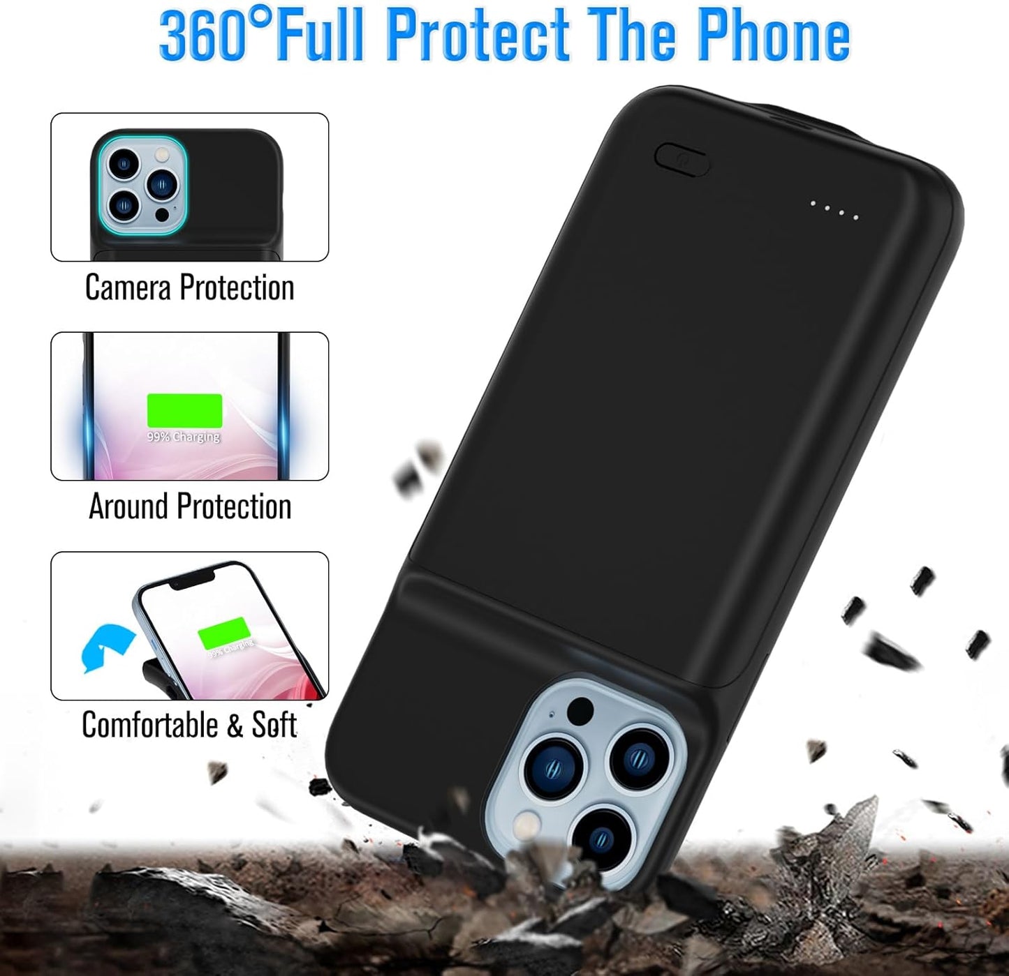 Gladgogo Charging Case for iPhone 13 Pro Max, Real 6000mAh Ultra Slim Powerful Battery Case Charger Portable External Lightweight Smart Battery Pack Compatible with iPhone 13 Pro Max, 6.7 inch, Black