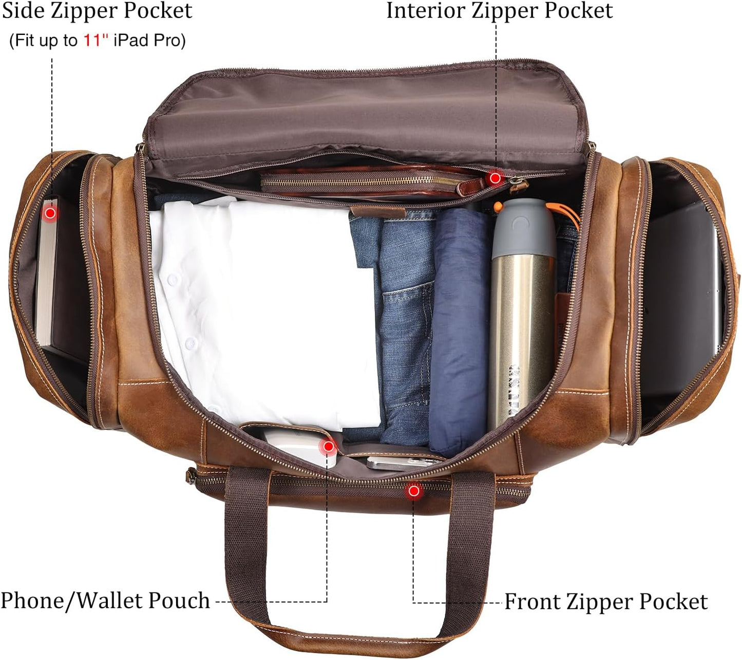 Polare 23" Full Grain Cowhide Leather Gym Duffle Weekender Overnight Travel Duffel Bag For Men