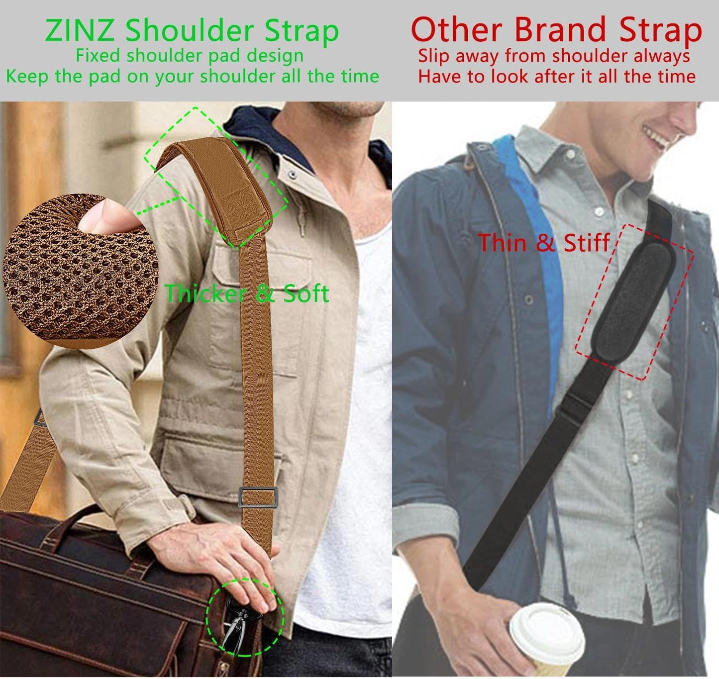 ZINZ 79 inch Shoulder Strap, Extra-thick Fixed Cushion Pad and Dual Clasps Universal Replacement Strap with Metal Swivel Hooks for Laptop Bags, Luggage Bags, Camera, Crossbody(Khaki)