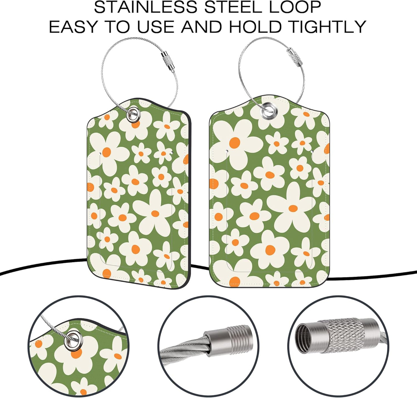 2 Pack Luggage Tags,Retro Groovy Flowers PU Leather Idea Baggage Tag with ID Labels Privacy Cover Metal Ring Men and Women Travel Bag Labels