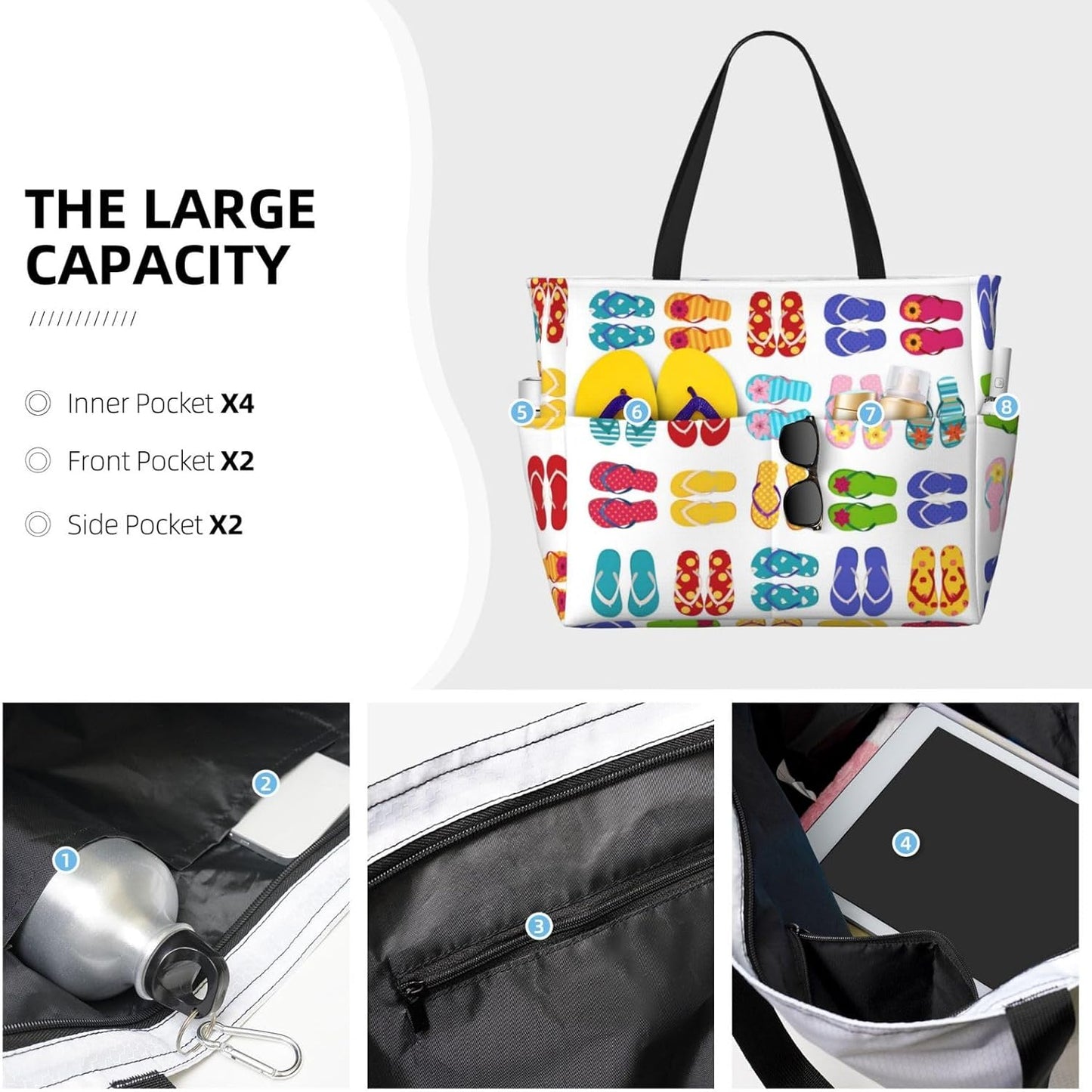 Large Travel Beach Tote Bag with Zipper Pockets Portable Lightweight Gym Bag Picnic Outdoor