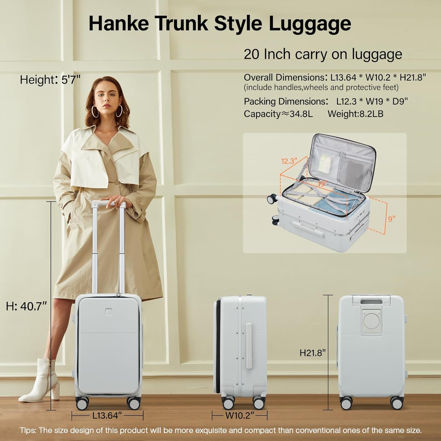 Hanke 20 Inch Carry On Luggage with Cup Holder and Charge,Top Opening Hard Shell Suitcases with