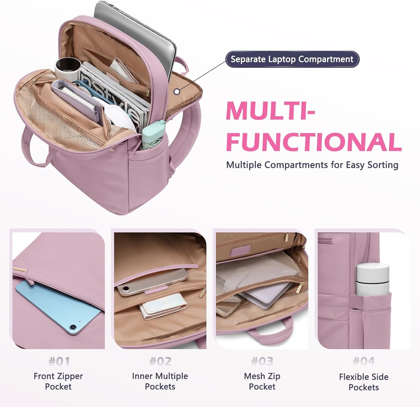 Slim Laptop Backpack for Women, Lightweight Business Backpack for Women Computer Bag Purse for Commuting, Fit 16 Inch, Pink Purple