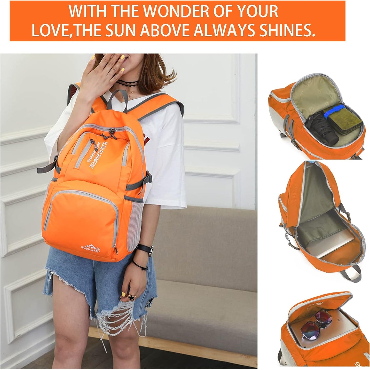 Hiking Backpack,30l sporty lightweight folding waterproof ultralight backpack for outdoor camping picnic hiking running bag with waterproof rain (Orange)